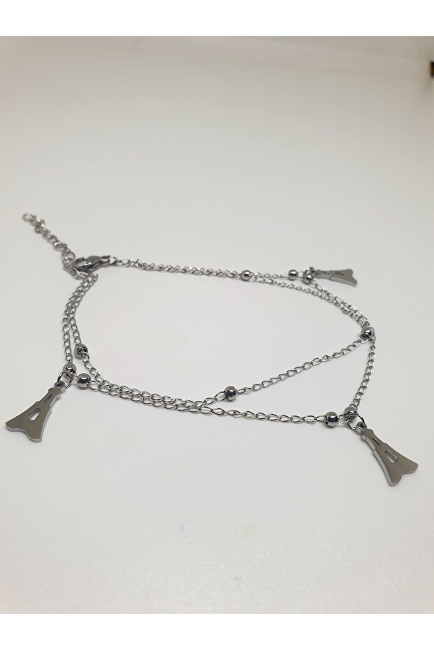 1. Grade Quality 316L Steel Anklet, Double Chain with Eiffel Tower Figure Model No 15