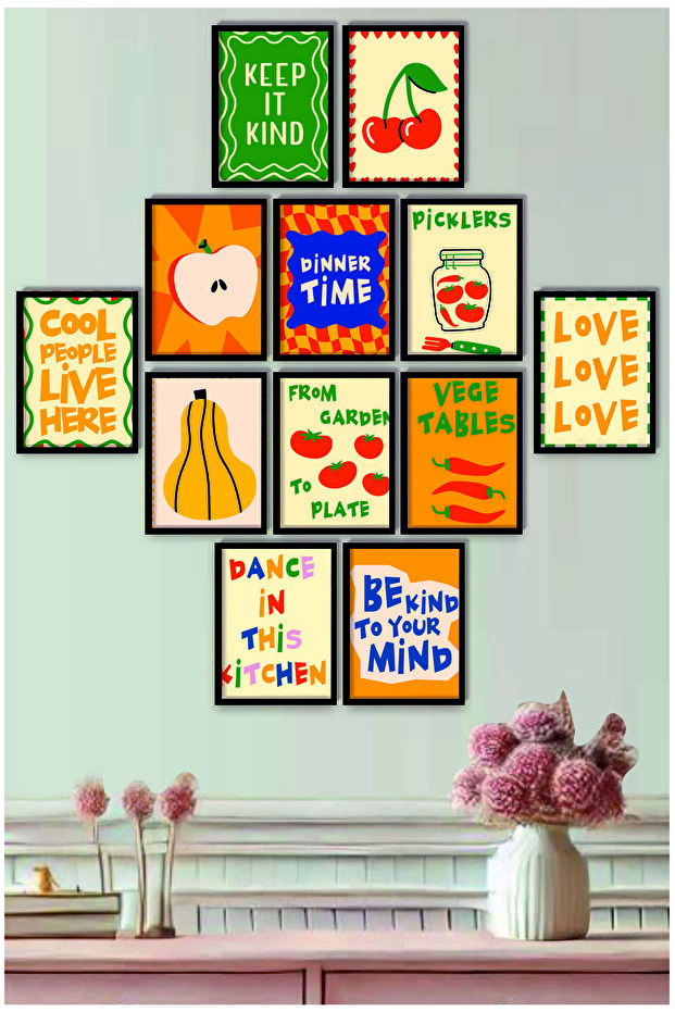 Çerçeve Baskılı Eğlenceli, Abstract,  Minimalist, Modern Yiyecekler ve Mutfak Dekoru 12 li Set Tablo - 1