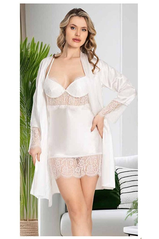 Women's Satin Lace Detailed 6-Piece Dowry Nightgown Set Th0Cl7Vr3Jrm