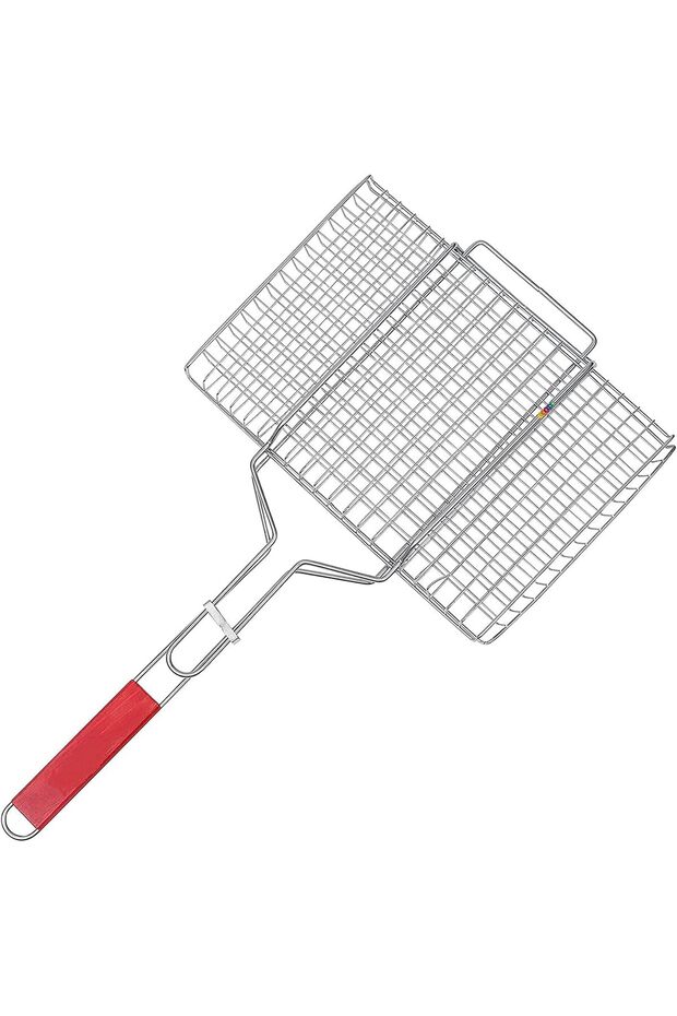 Reversible Chromium Plated BBQ Grill, Wooden Handle, Folding Basket for Fish, Meat & Shrimp.