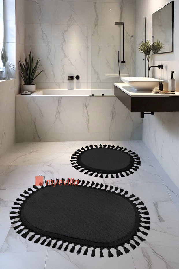 My Evilla Modern Simirna Decorative Plush Oval 60x100-50x60 Pompom Fringed Toilet Seat Set