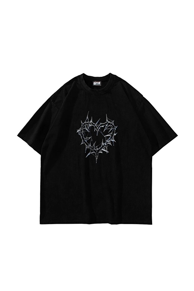 Thorny Heart Printed Oversize Unisex Black Tshirt