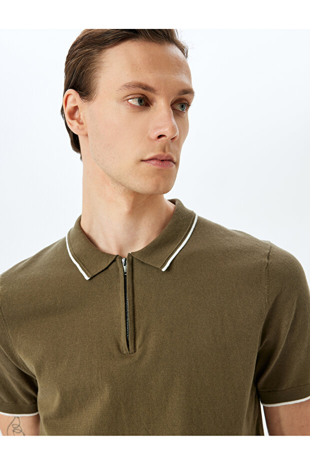 Half Zipper Collar Detailed Cotton Short Sleeve Knitwear T-Shirt