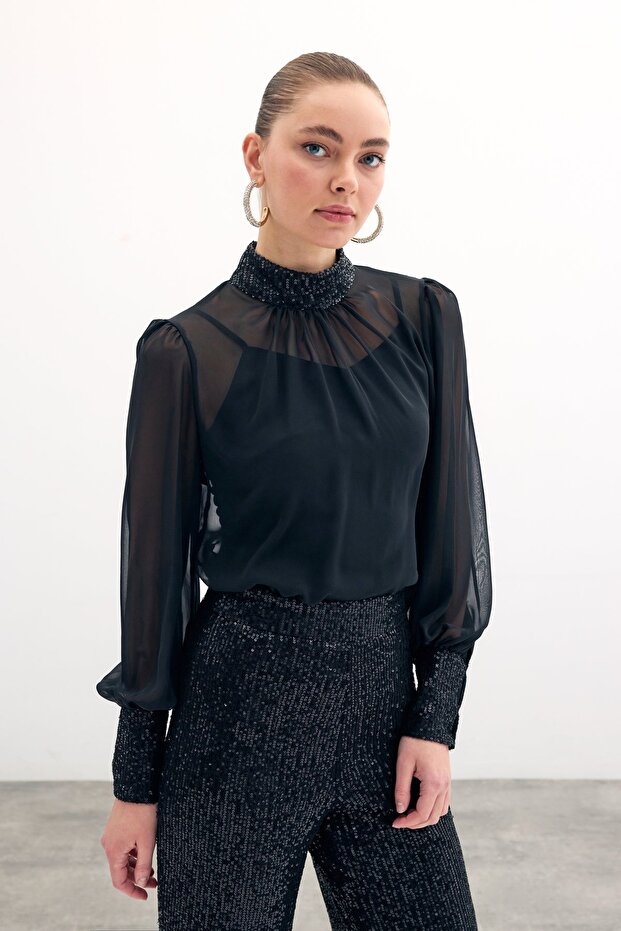 Payet Detaylı Bluz - Siyah - 1