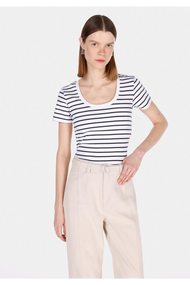 Slim Fit Square Neck Striped Women's White Short Sleeve T-Shirt