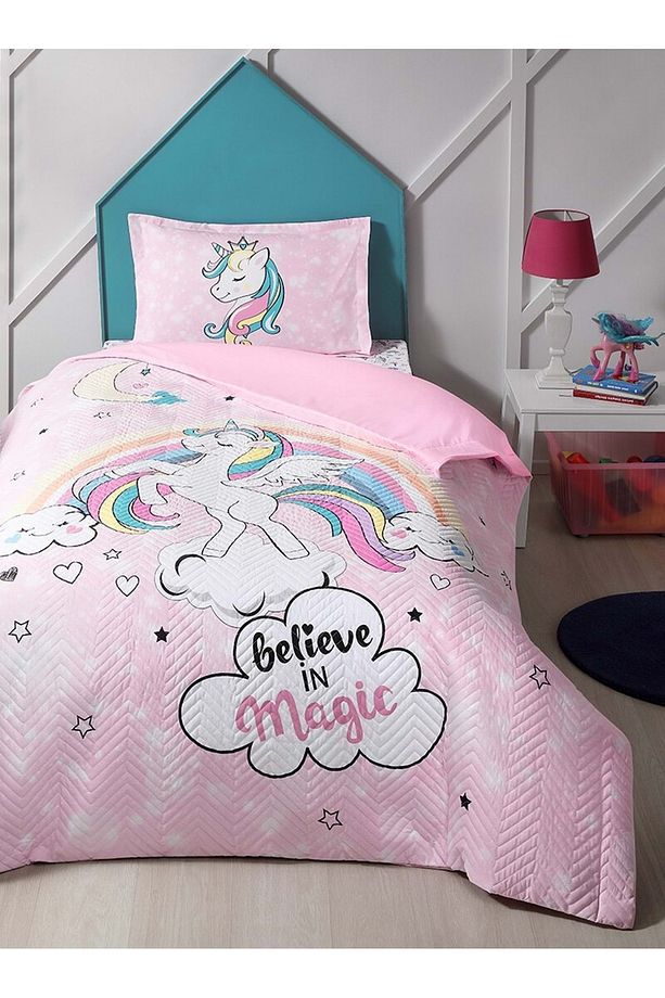 Kapitoneli Tek Kişilik Çocuk Dört Mevsim Nevresim Takımı Complete Set-unicorn Pembe - 1