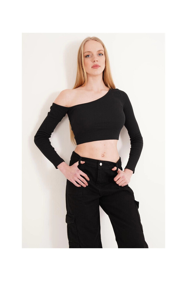 23254281 Ribbed Knit One Shoulder Low-Cut Long Sleeve Blouse Black