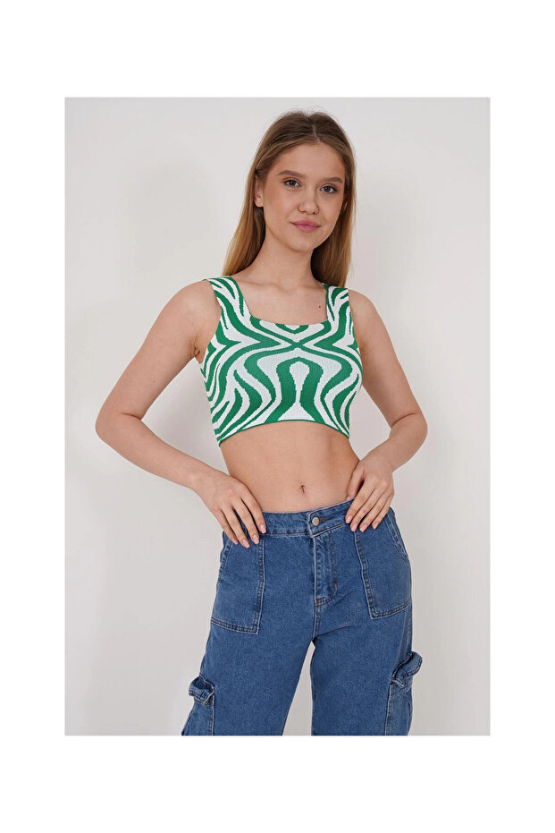 23256430 Knitwear Patterned Strappy Square Collar Tank Top GREEN