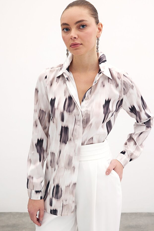 Cămașă simplă cu model - bej - 4