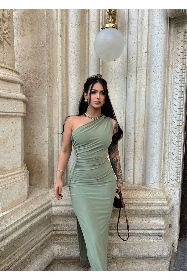Sandy Tek Omuz Büzgülü Yırtmaçlı Elbise - 2