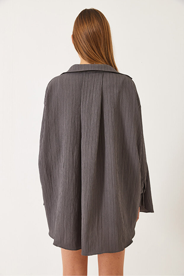 Kadın Düşük Omuz Oversize Basic Bürümcük Gömlek - 5