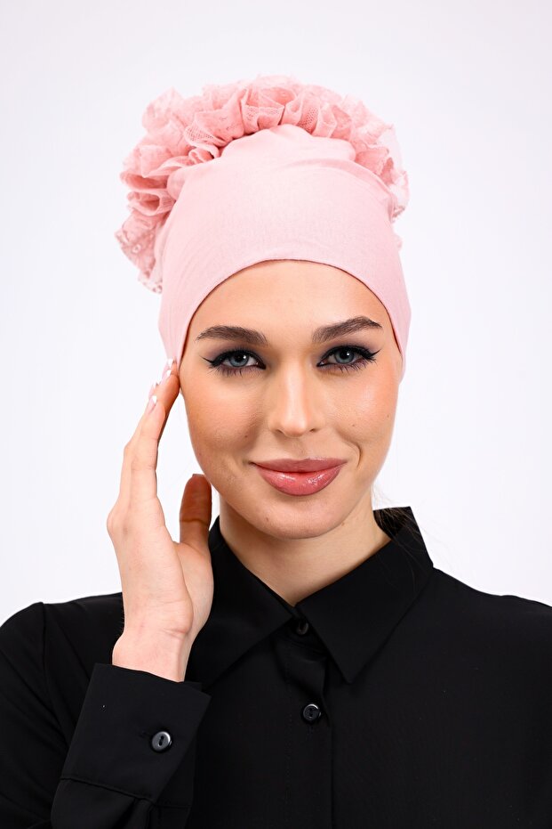 Ruffled Seamless Combed Cotton Bonnet Pink - Women's Hijab Tie Bun Inner Bonnet Powder