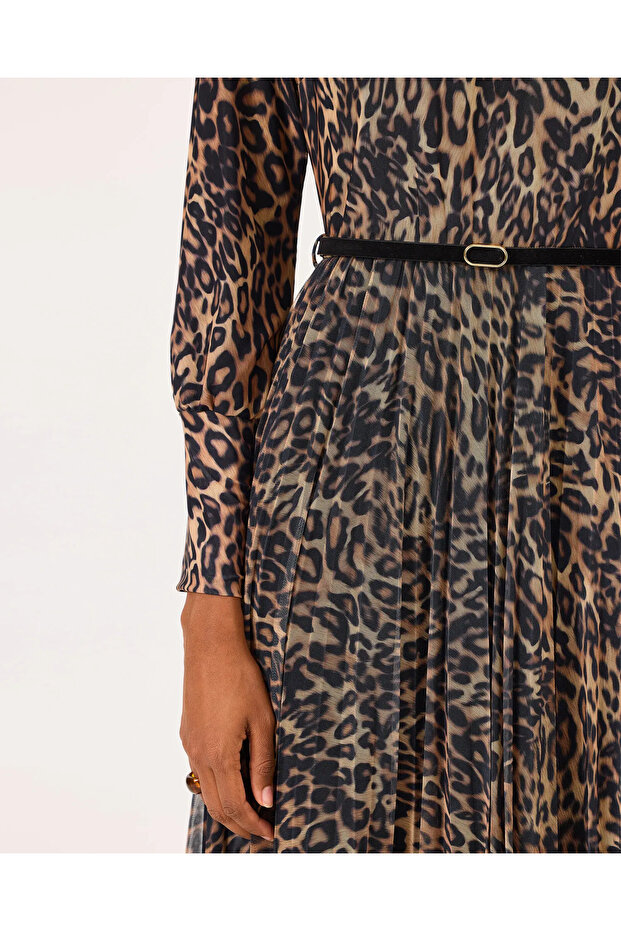 Dik Yaka Kemerli Midi Boy Elbise - 5