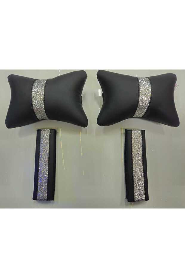 Silver Sequin Leather Neck Pillow Belt Comfort 2 Pieces