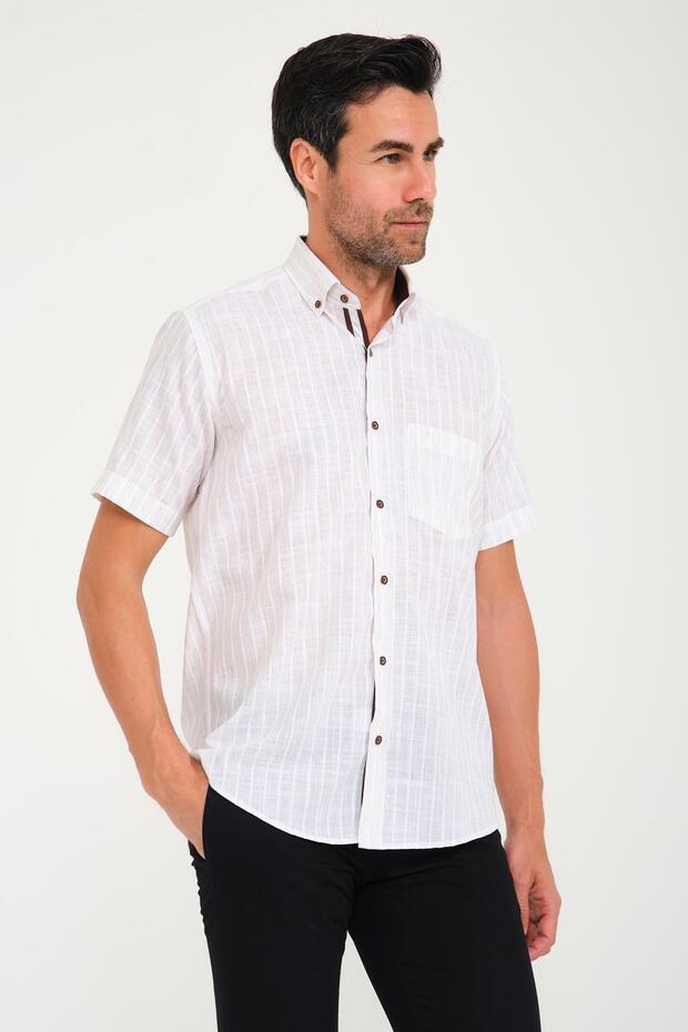 Classic Short Sleeve Armure Striped Flam Linen Button-Down Collar Gift Boxed Men's Shirt Fs-000678 - Ecru