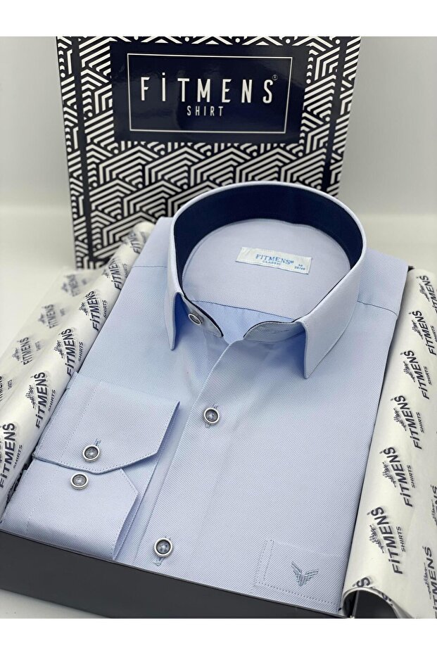 Classic Long Sleeve Gabardine Plain Gift Boxed Men's Shirt Fs-002155 - Blue