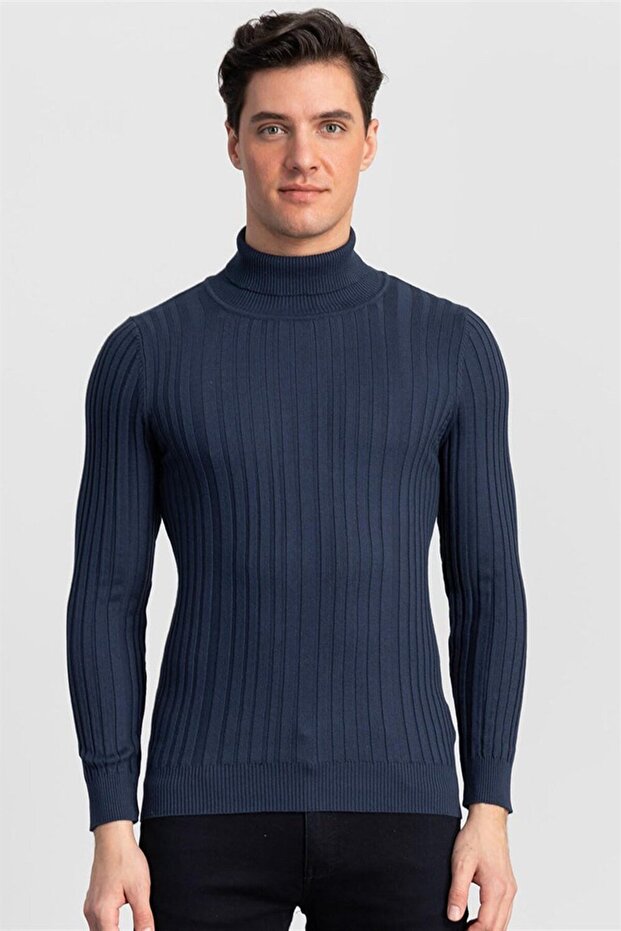 Men's Slim Fit Full Turtleneck Indigo Knitwear Sweater