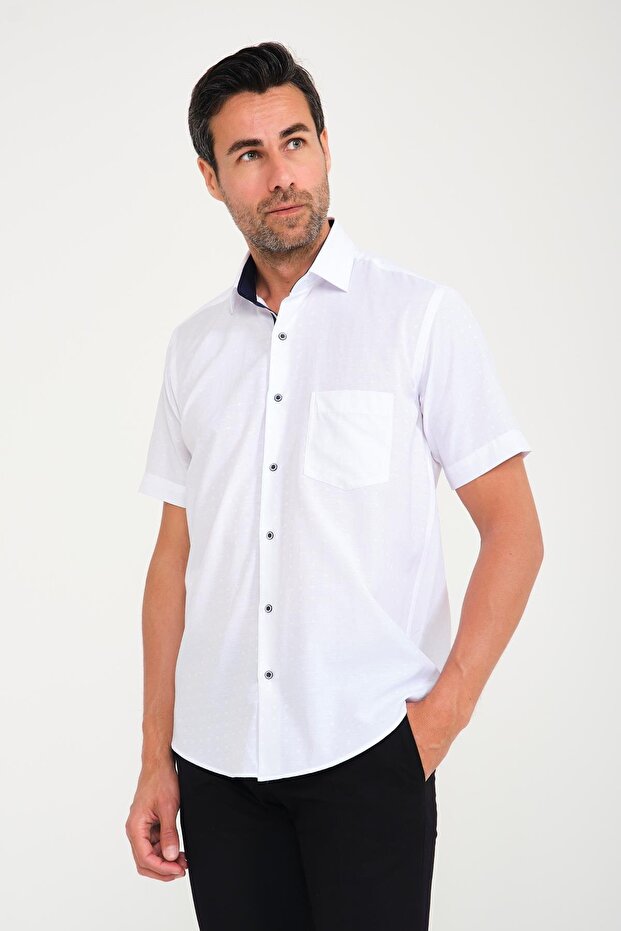 Classic Short Sleeve Open Ground Box Pattern Linen Cotton Gift Boxed Men's Shirt Fs-000745 - White Navy