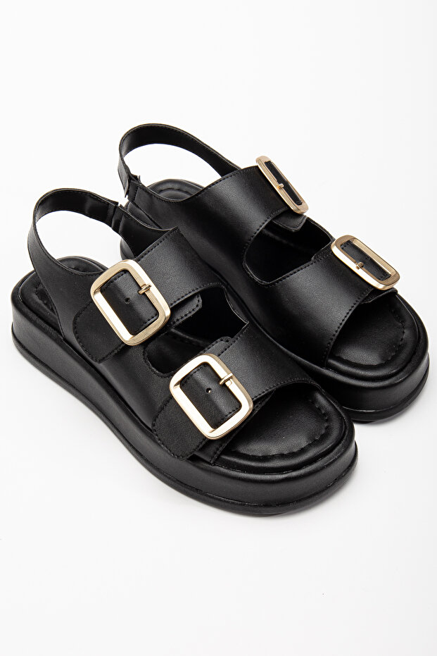 Rissoli női fekete éksarkú, dupla pántos csatos szandál - 1