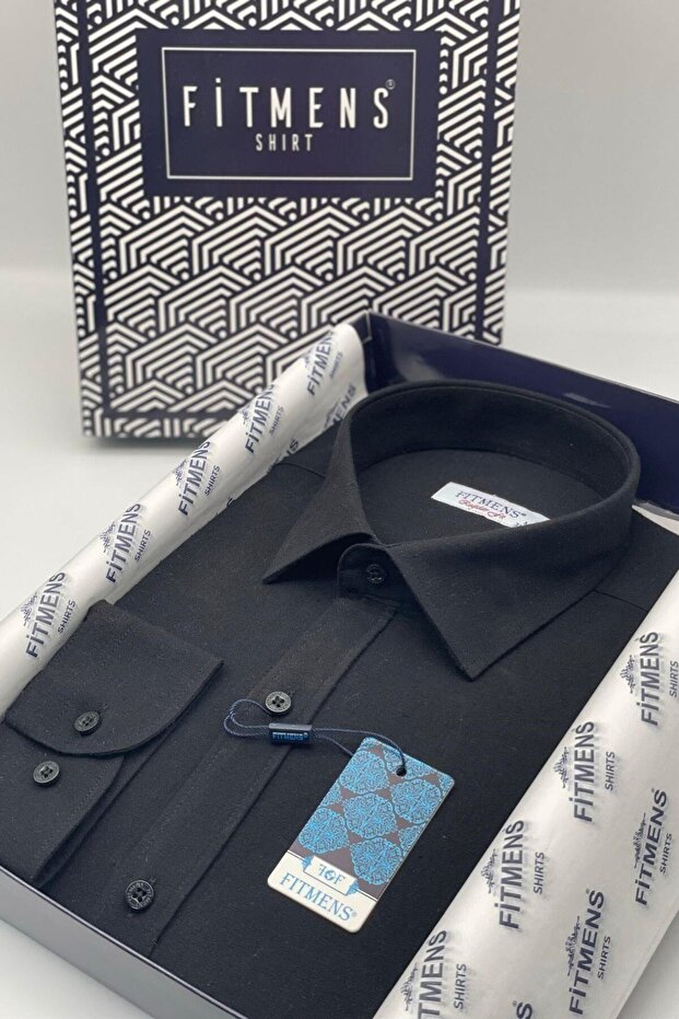 Regular Fit Long Sleeve Linen Pocketless Gift Boxed Men's Shirt Fs-001578 - Black