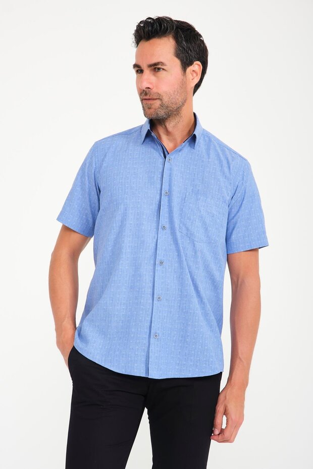 Classic Short Sleeve Open Ground Box Pattern Linen Cotton Gift Boxed Men's Shirt Fs-000745 - Indigo