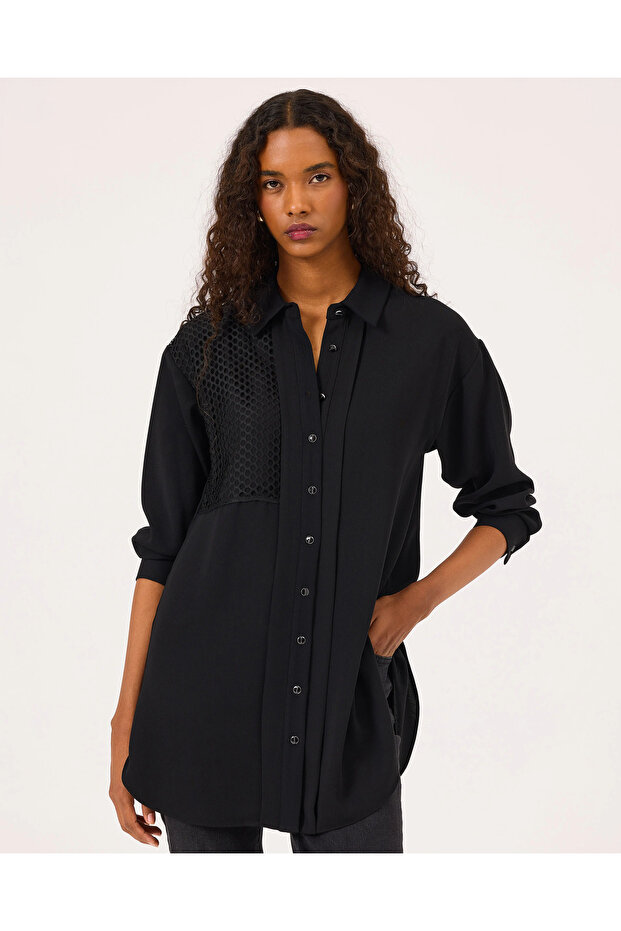 File Detaylı Düğmeli Gömlek - 3