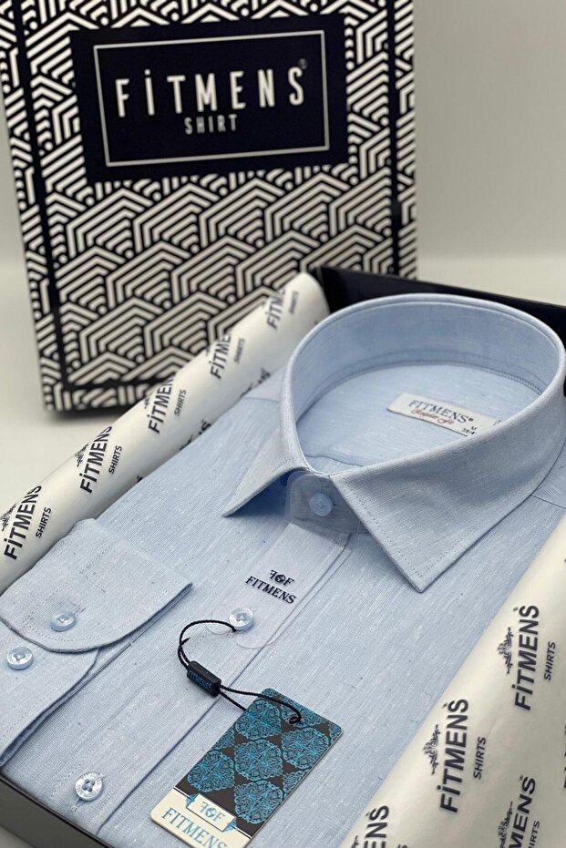 Regular Fit Long Sleeve Linen Pocketless Gift Boxed Men's Shirt Fs-001578 - Light Blue