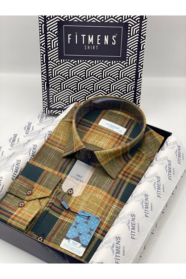 Classic Long Sleeve Checkered Linen Cotton Pocketless Collar Buttoned at the Bottom Men's Gift Boxed Shirt Fs-003172