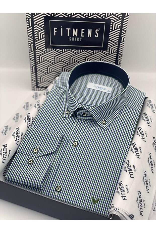 Classic Long Sleeve Lapel Buttoned Plaid Gift Boxed Men's Shirt Fs-003774 - Green
