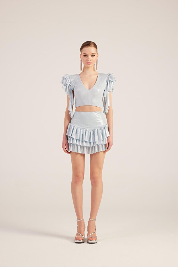 Ruffle Detailed Skirt Blouse Nana Set Blue