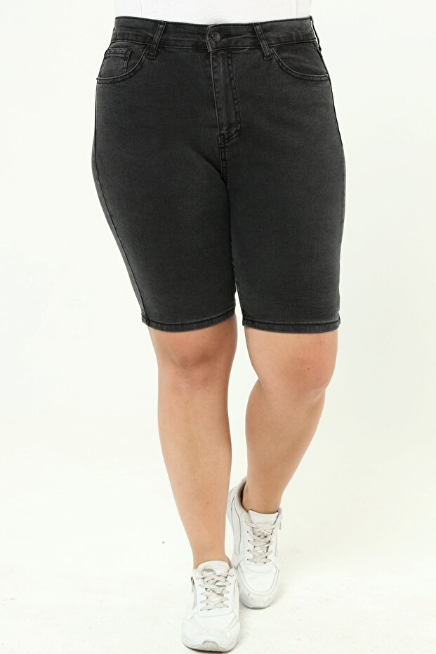 Women's Large Size High Waist Full Lycra Slimfit Jean Shorts-C606-Anthracite