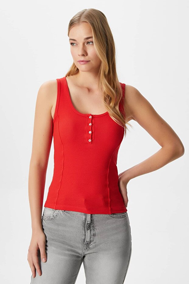 Women's Jayla Corset Look Buttoned Ribbed Sleeveless Pomegranate Flower Blouse