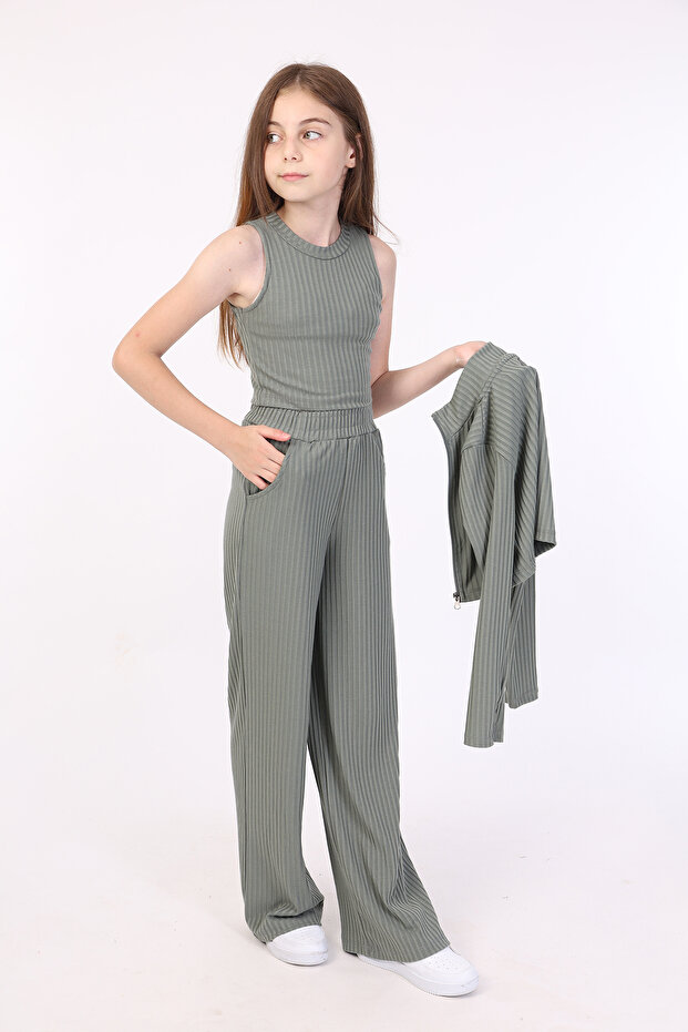 Girl's 3-Piece Set: High-Neck Zip-Up Sweatshirt & Crew-Neck Undershirt & Elastic Waist Loose-Fit Pants