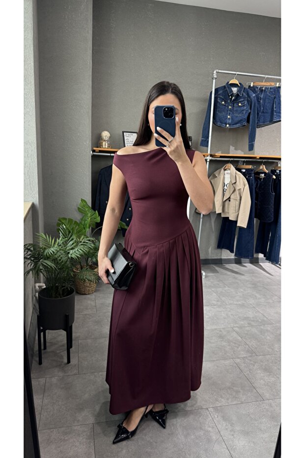 Rochie lungă de prune cu gât barcă - 7