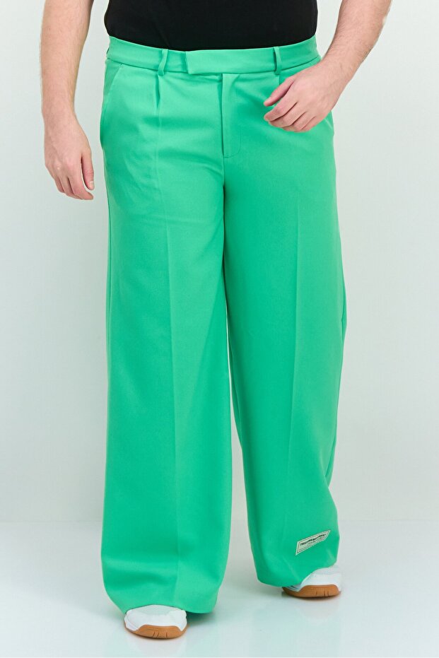 Men Regular Fit Brand Logo Wide Leg Pants, Green