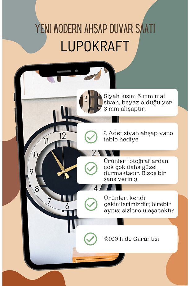 Şık ve Modern Duvar Saati - 48cm Büyük Boy, 3 Farklı Renk Seçeneği - - 2