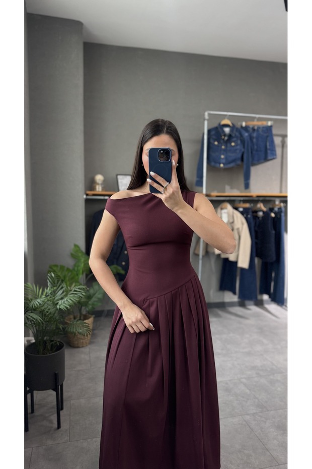 Rochie lungă de prune cu gât barcă - 4