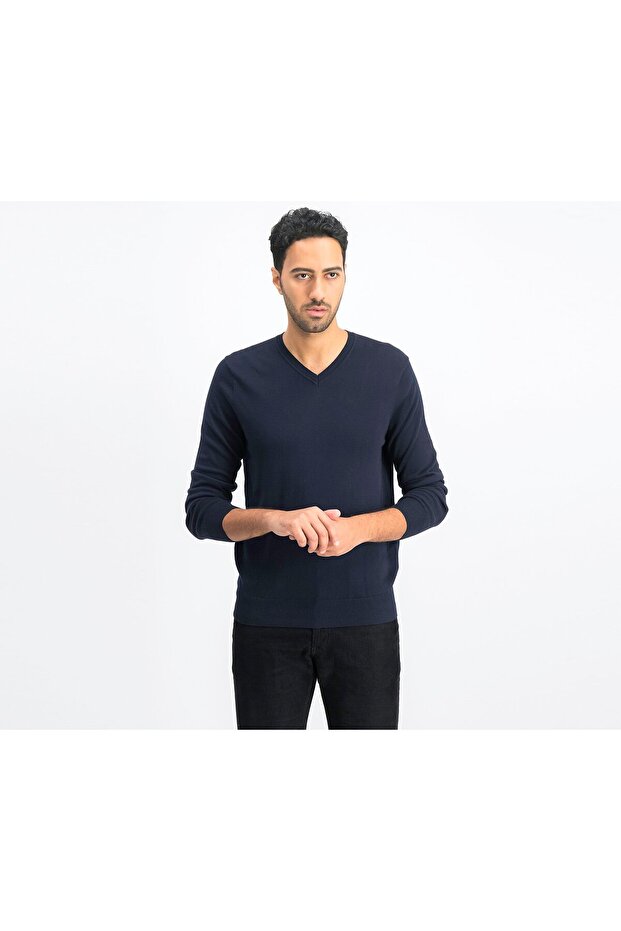 Men Pullover Sweater, Navy - 1