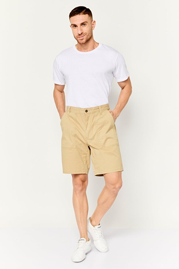 Men Plain Basic Shorts, Khaki - 2
