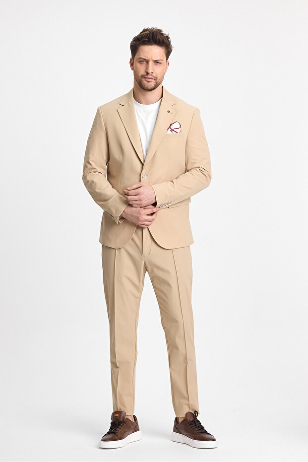 Men's Dark Beige Polyamide-Techical Flexible Summer Cool Fabric Slim Fit 2-Piece Suit