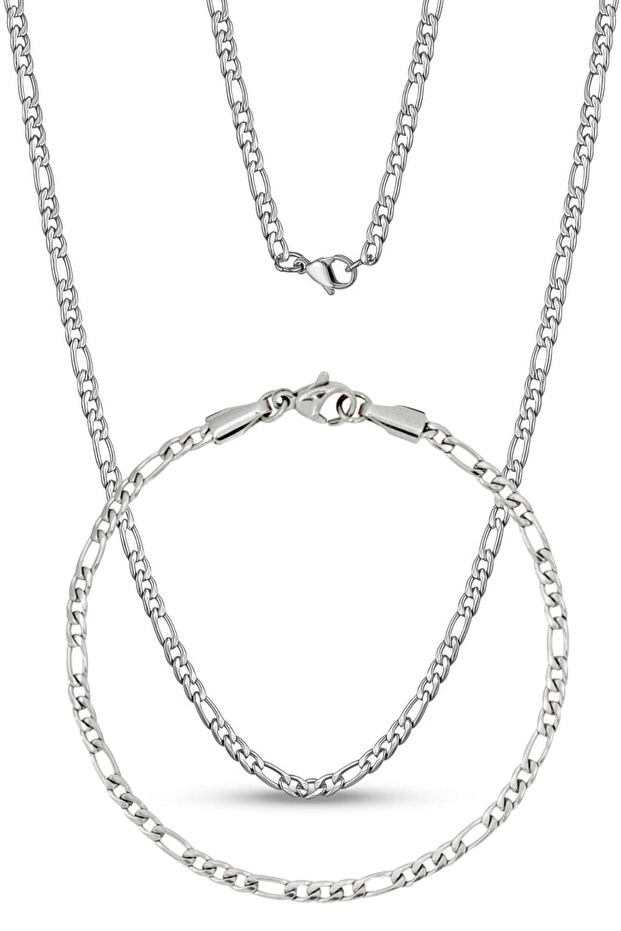 Thin figaro men's steel chain necklace & bracelet set 4mm eck55s