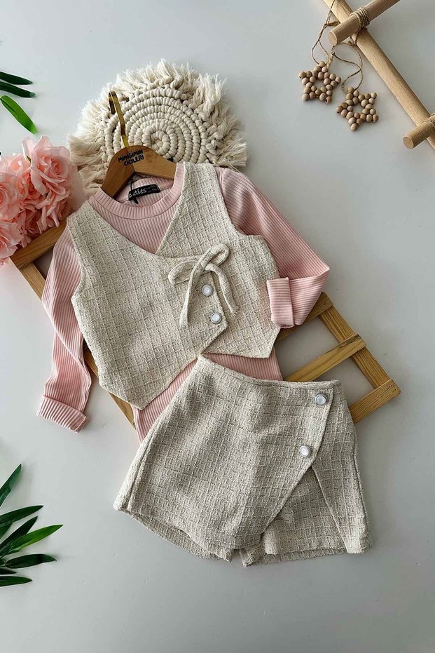 My Little One's Silvery Chanel Fabric Girls' Vest 3-Piece Set - Cream