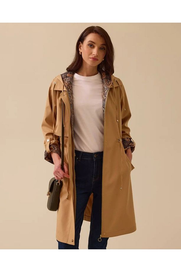 Leopar Desenli İç Astarlı Kapüşonlu Trençkot-CAMEL - 38 - 1