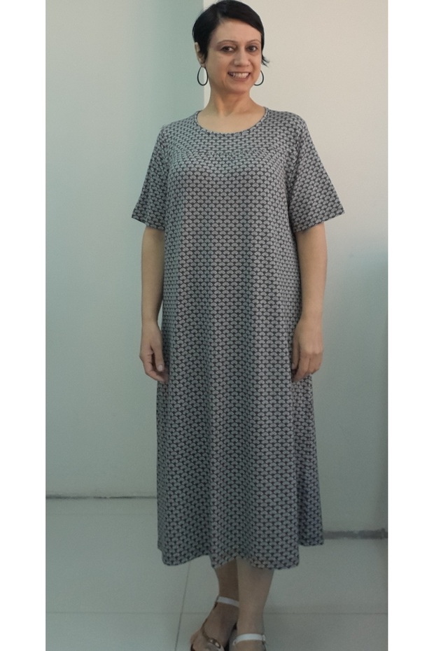 Front and Back Cut Out of the Robic Khaki Green Pink Heart Patterned Combed Viscose Dress