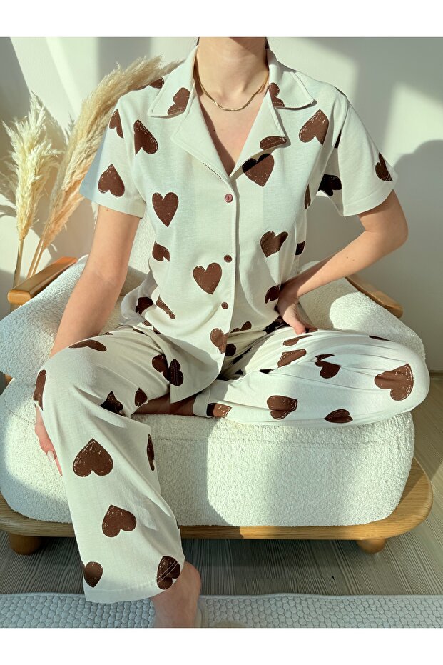 Ecru Brown Heart Patterned Cotton Short Sleeve Shirt Collar Pajama Set