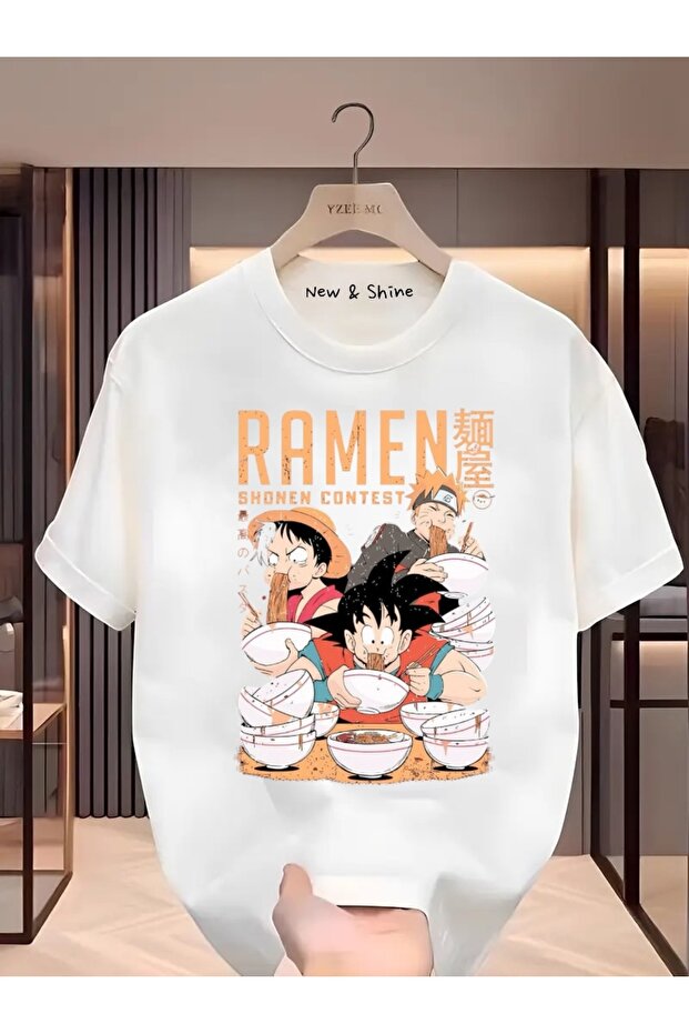 Three Anime Characters Eating Ramen Printed Oversize T-Shirt