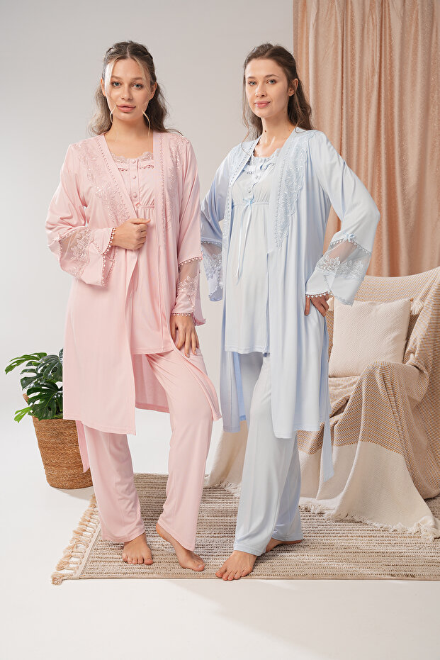 Women's Blue Lace Summer Special Design Cotton Maternity Maternity Dressing Gown Pajama Set Set
