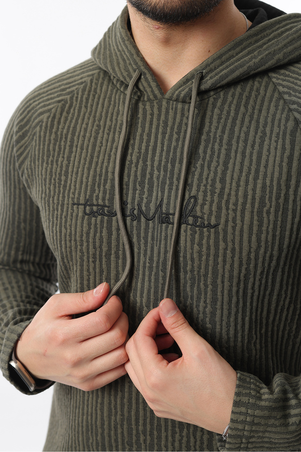 Erkek Önü Nakışlı Şık ve Rahat Basic Relax Regular Fit Kapüşonlu Basic Triko Kazak - 5