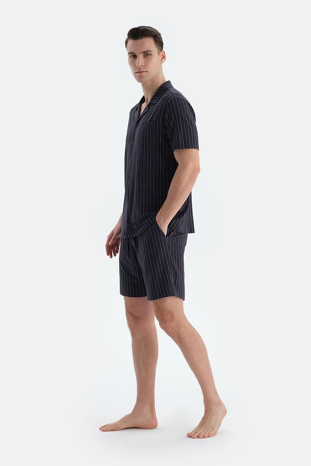 Lacivert Çizgili Gömlek Şort Pijama Takımı - 3
