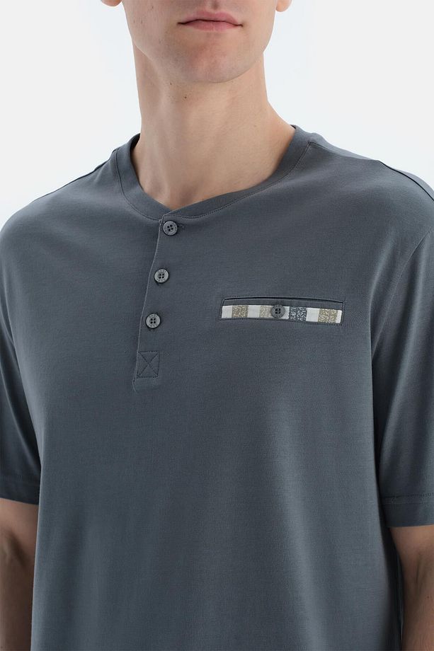 İndigo Pat Ve Fleto Cep Detaylı Tişört Şort Pijama Takımı - 4